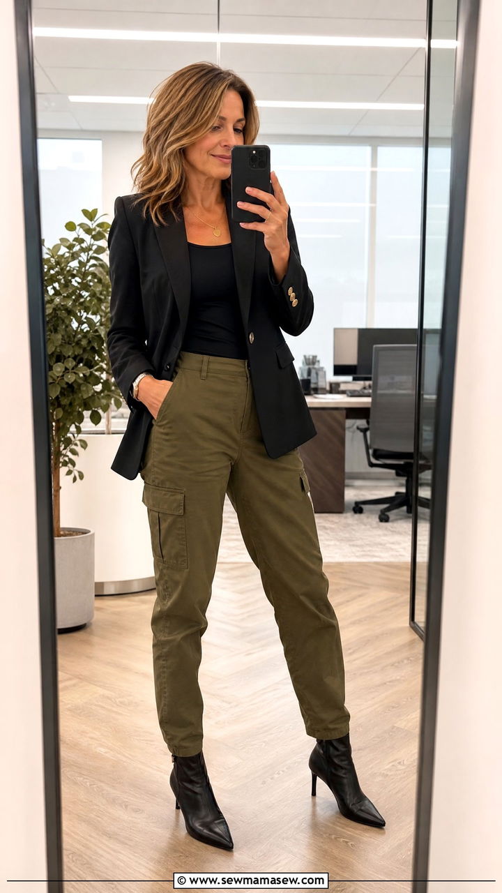 Olive cargo pants with black blazer outfit - 25 Cargo pants outfit ideas for women over 40