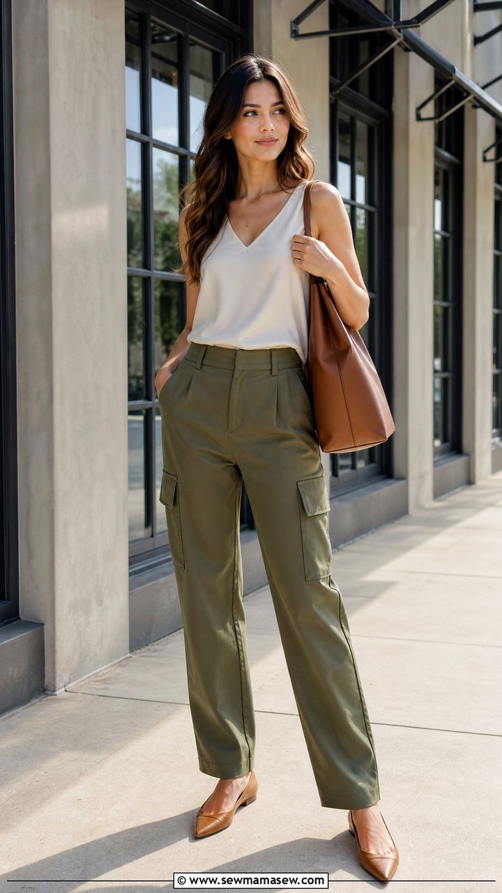 Olive cargo trousers with silk shell and pointed flats - 30 Summer outfit ideas for realtor
