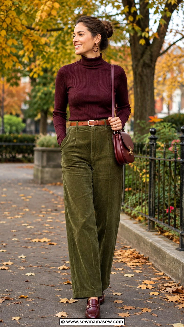Olive corduroy pants with burgundy roll neck outfit - 25 Olive and burgundy outfit ideas