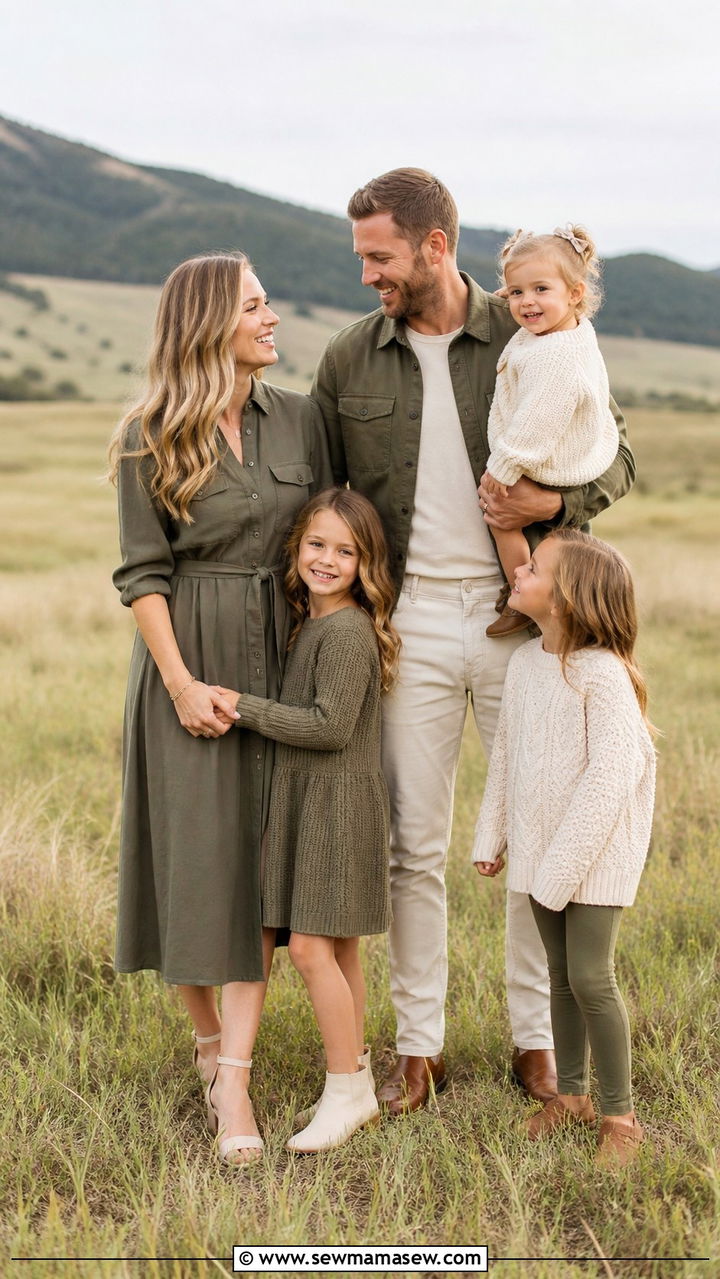 Olive green and cream neutral family outfits - 40 Family photo outfit ideas