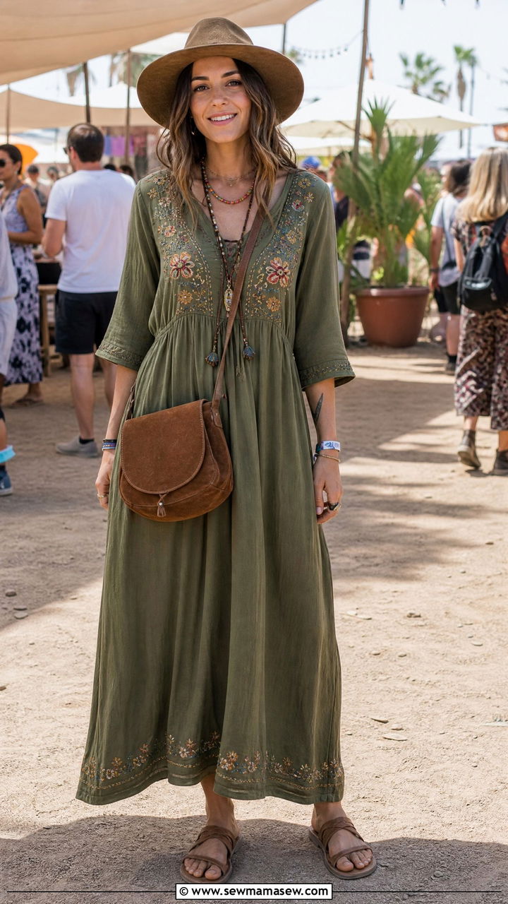 Olive green boho dress summer outfit - 30 summer olive green outfit ideas
