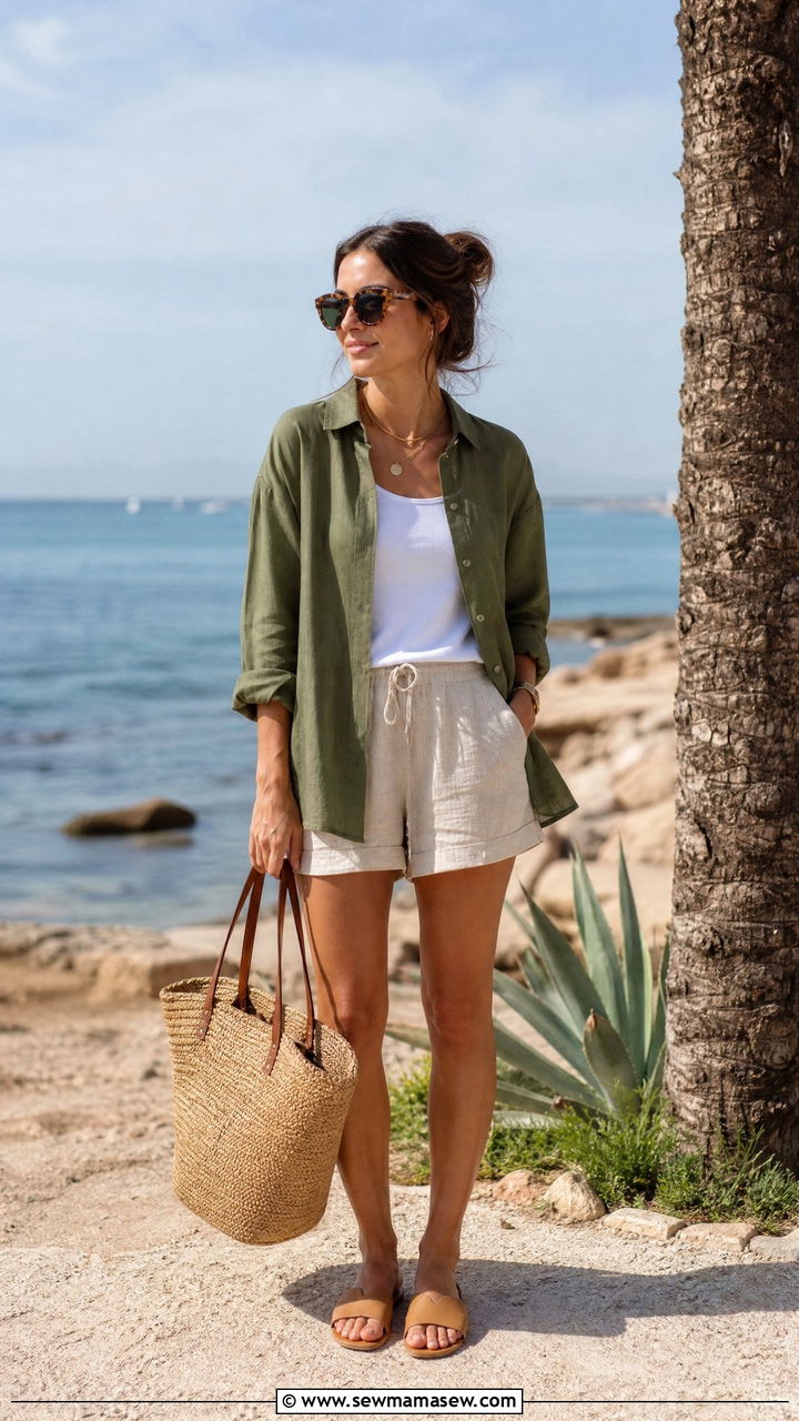 Olive green button down shirt summer outfit - 30 summer olive green outfit ideas