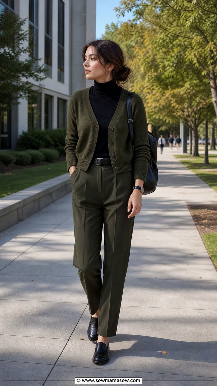 Olive green cardigan and matching trousers - 30 Dark academia school outfits