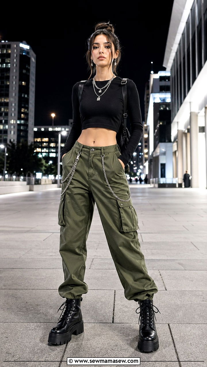 Olive green cargo pants with black crop top and platform boots - 40 All olive green outfit ideas