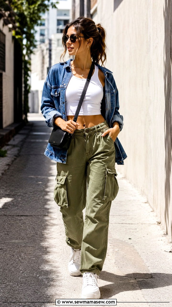 Olive green cargo pants with cropped tank top - 30 spring olive green outfit ideas