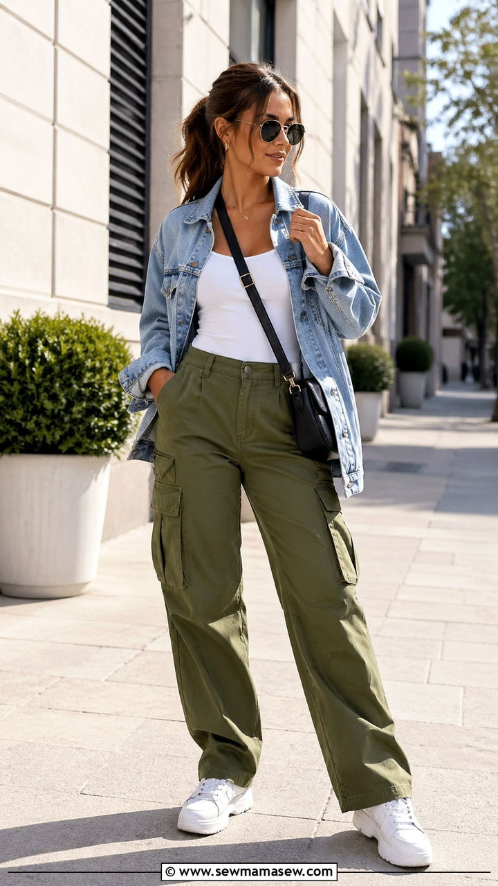 Olive green cargo pants with white tank and denim jacket - 40 All olive green outfit ideas