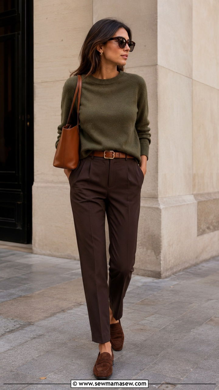 Olive green cashmere sweater with chocolate tailored trousers - 30 quiet luxury capsule wardrobe outfits