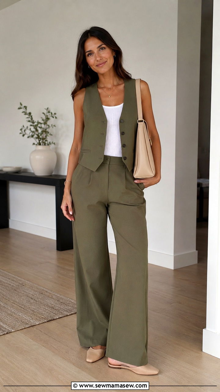 Olive green co ord vest and pants set - 30 spring olive green outfit ideas