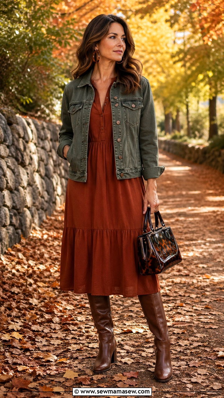 Olive green denim jacket over rust midi dress and tortoiseshell accessories - 40 All olive green outfit ideas
