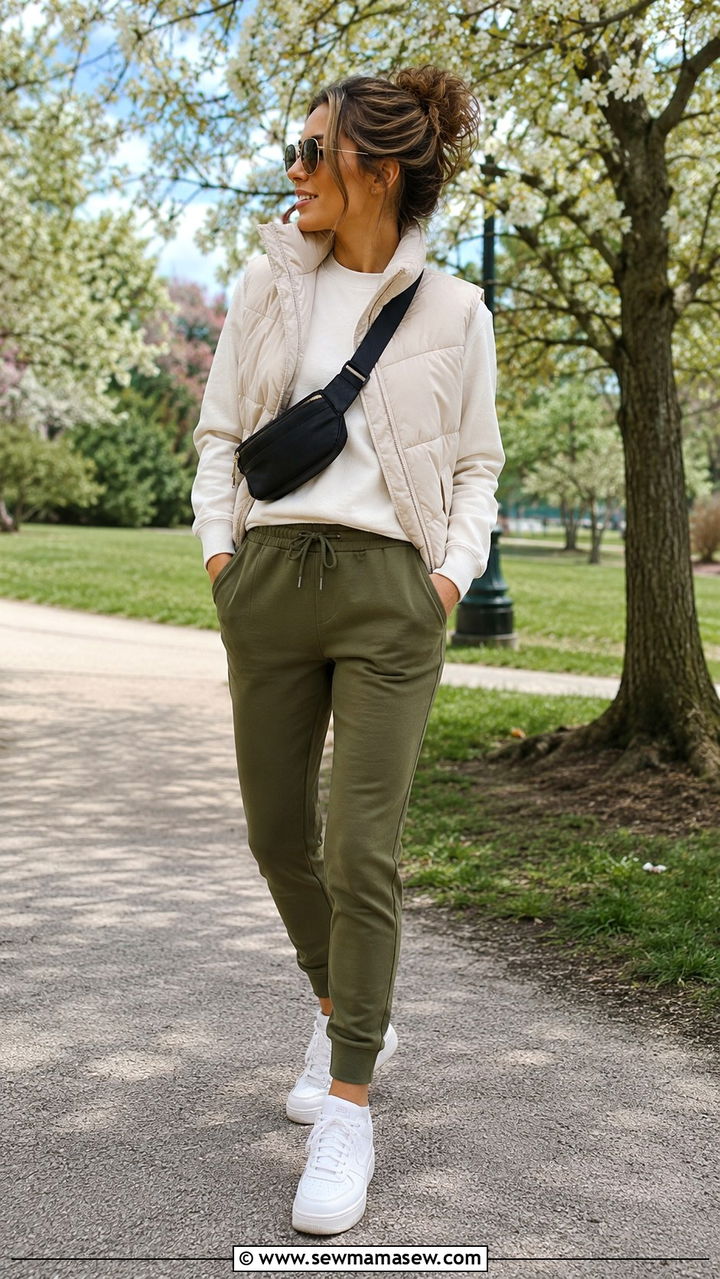 Olive green joggers with cream sweater - 30 spring olive green outfit ideas