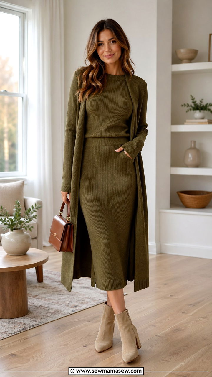Olive green knit set with long duster cardigan and heeled booties - 40 All olive green outfit ideas