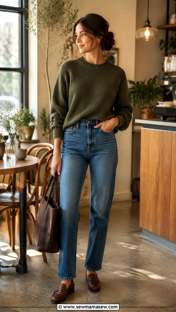 Olive green knit sweater with straight leg denim - 30 spring olive green outfit ideas