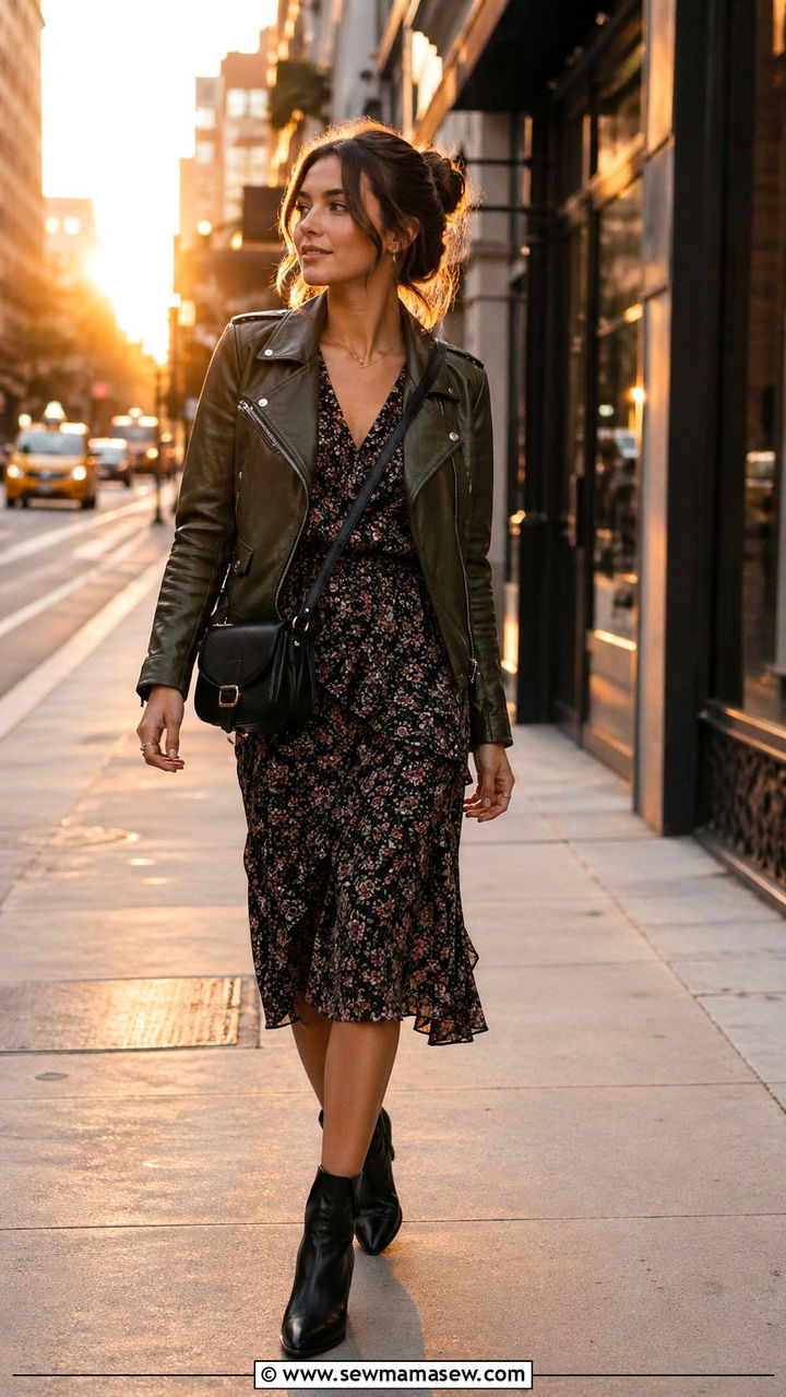 Olive green leather jacket over floral midi dress and ankle boots - 40 All olive green outfit ideas