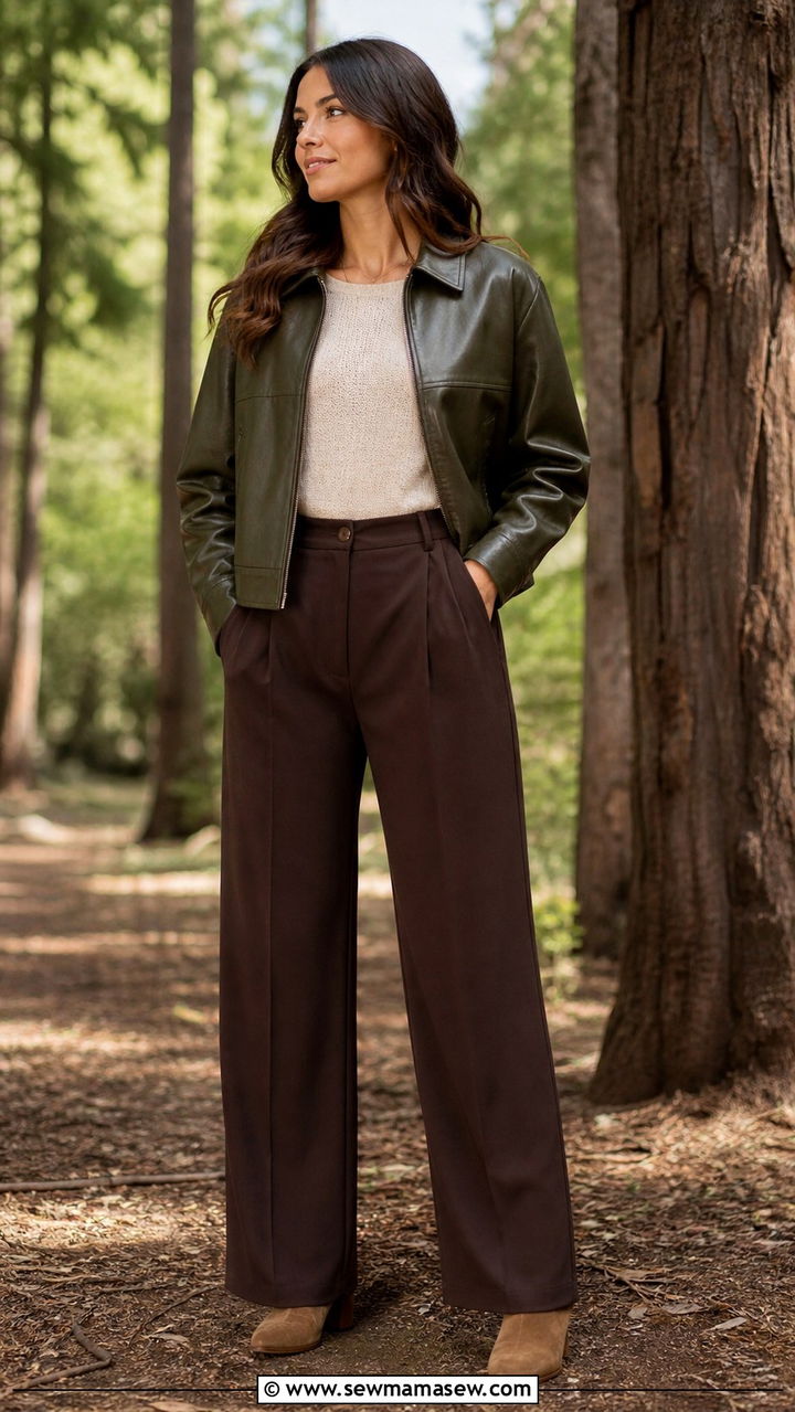 Olive green leather jacket with earth tone separates - 40 leather jacket outfit ideas