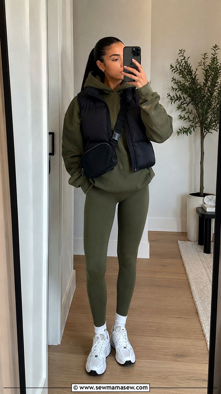 Olive green leggings with oversized hoodie and sneakers - 30 spring olive green outfit ideas