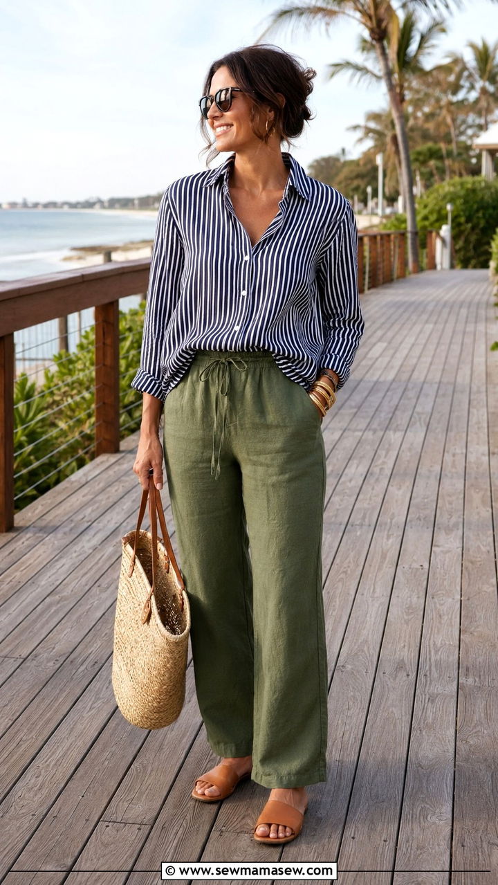 Olive green linen pants with striped button down - 30 spring olive green outfit ideas
