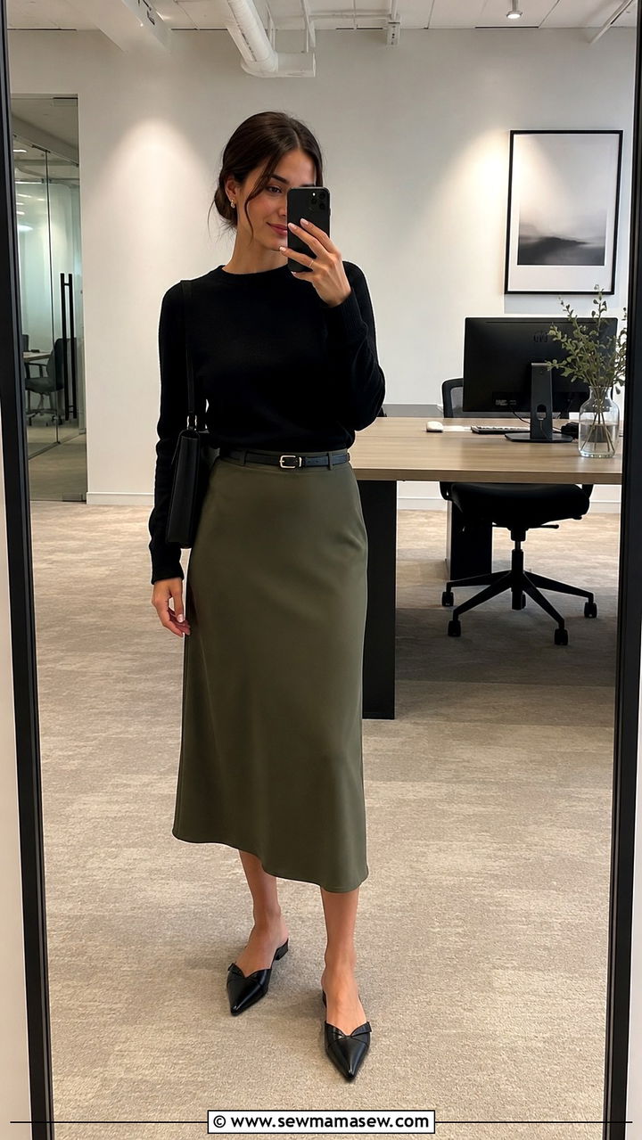 Olive green midi slip skirt with a tucked in black fine knit sweater and pointy mules - 25 Petite work outfit ideas with skirt
