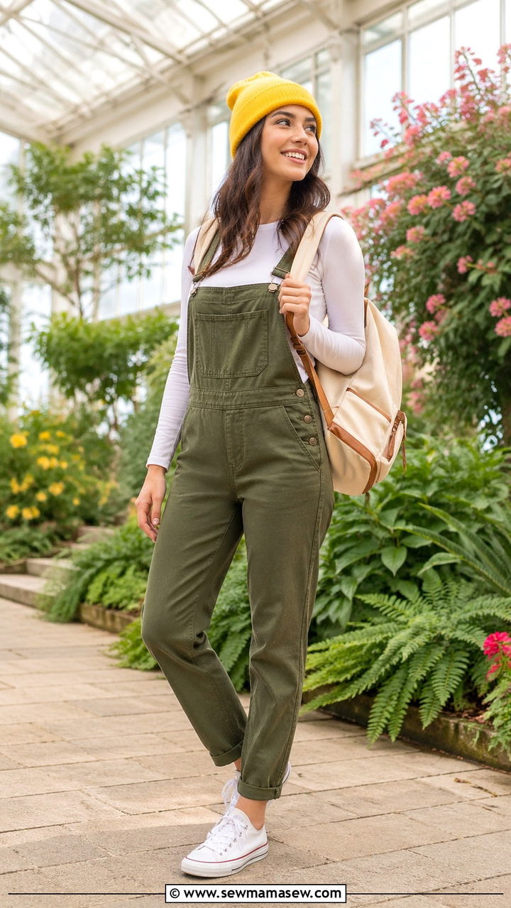 Olive green overalls over white long sleeve tee and yellow beanie - 40 All olive green outfit ideas