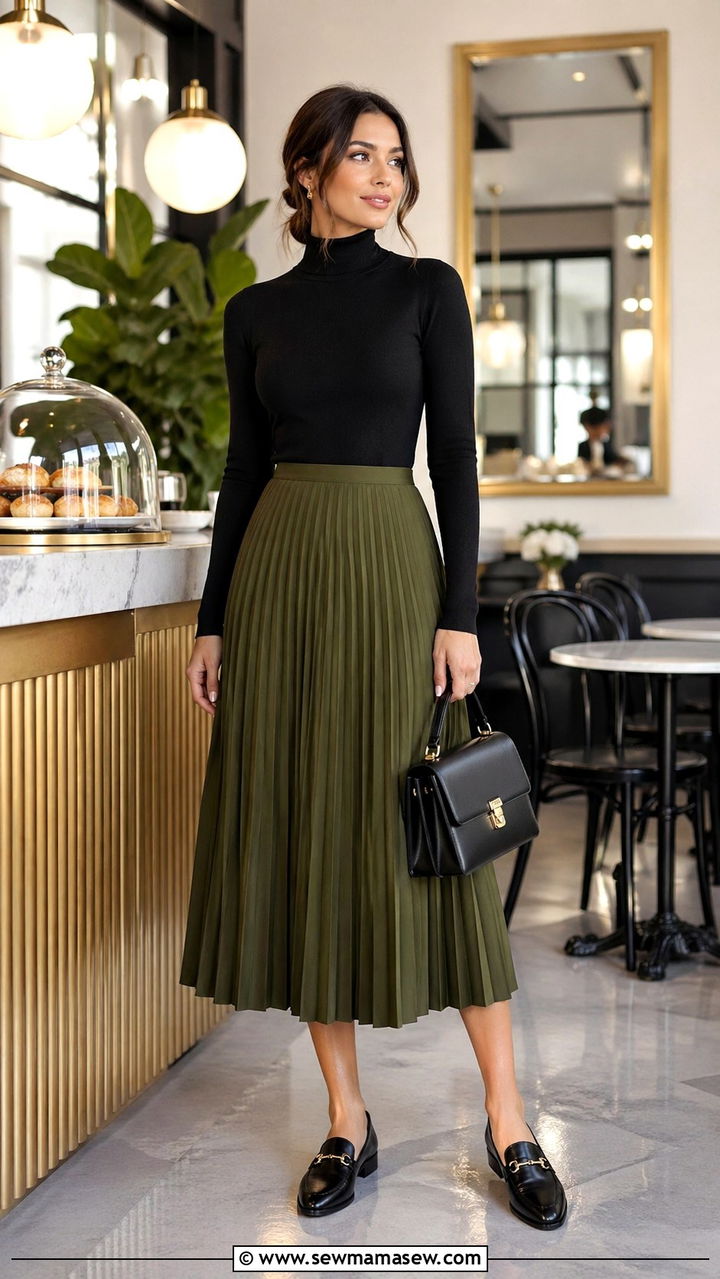 Olive green pleated midi skirt with black turtleneck and loafers - 40 All olive green outfit ideas