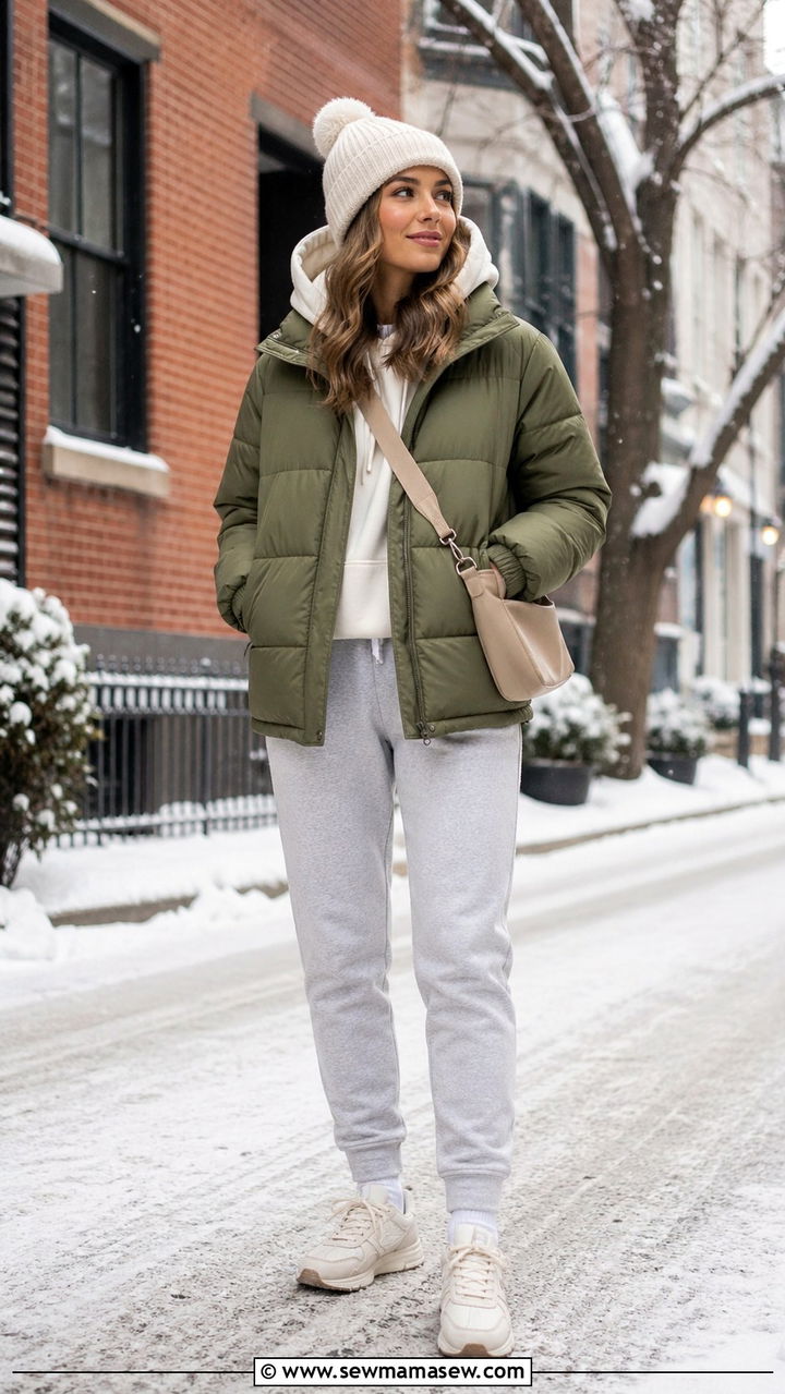 Olive green puffer jacket with cream hoodie and gray joggers - 40 All olive green outfit ideas
