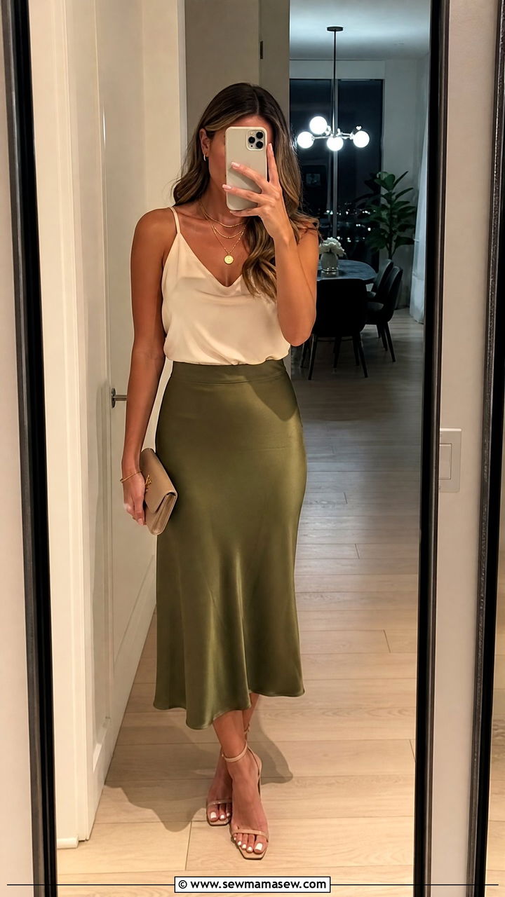 Olive green satin skirt summer outfit - 30 summer olive green outfit ideas