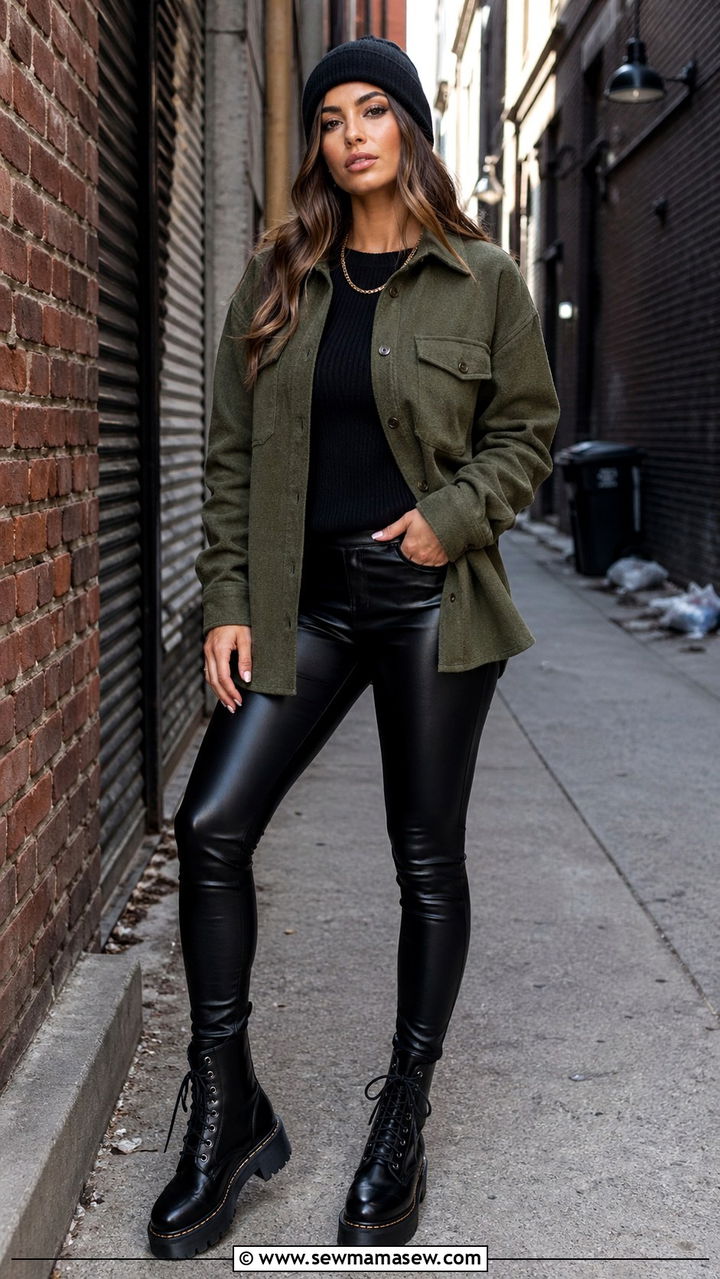 Olive green shacket over black ribbed knit and faux leather leggings - 40 All olive green outfit ideas
