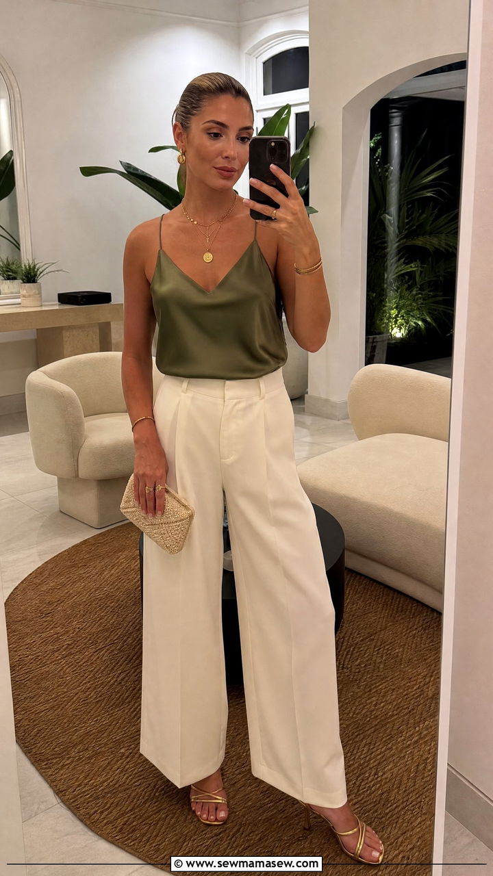 Olive green silk cami summer outfit - 30 summer olive green outfit ideas