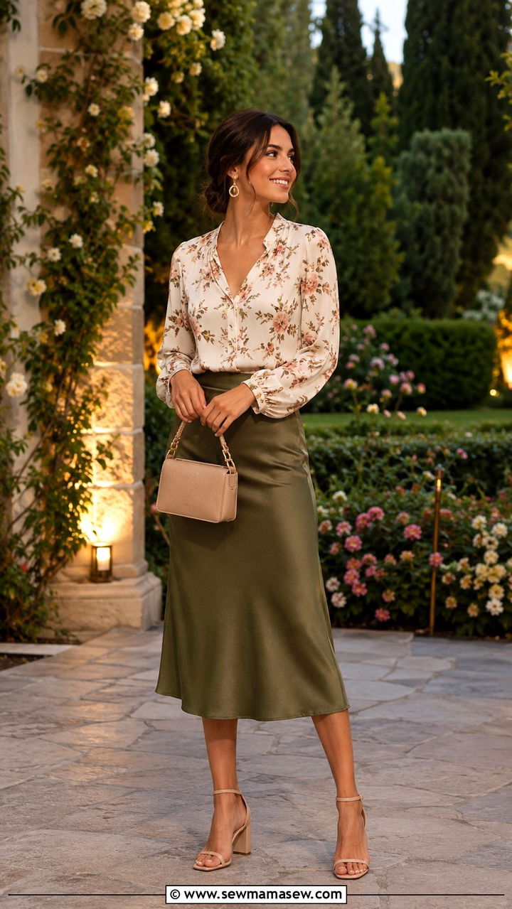 Olive green silk midi skirt with floral blouse - 30 spring olive green outfit ideas