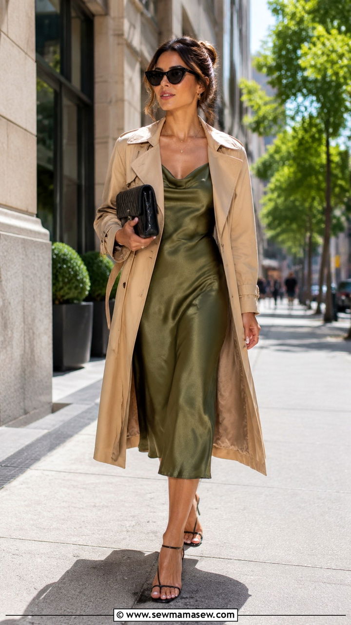 Olive green slip dress with a trench coat - 30 spring olive green outfit ideas