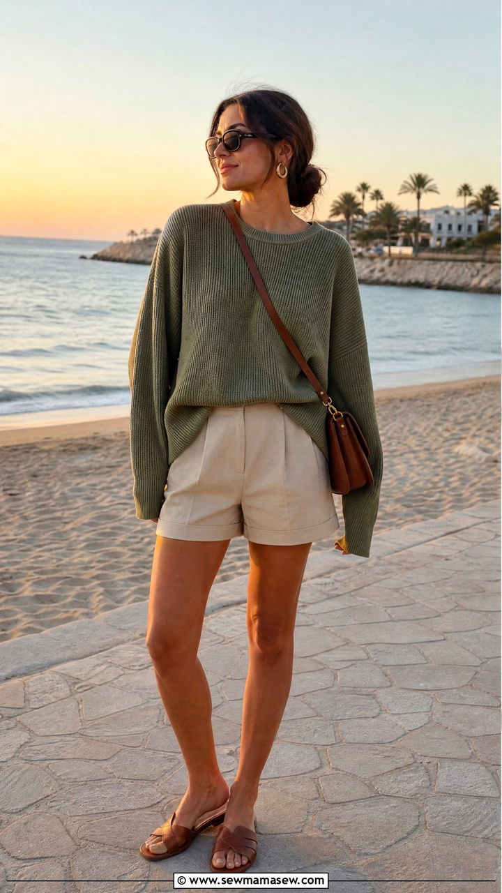Olive green sweater shorts summer outfit - 30 summer olive green outfit ideas
