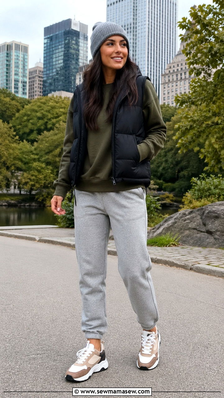 Olive green sweatshirt with gray joggers and color block sneakers - 40 All olive green outfit ideas