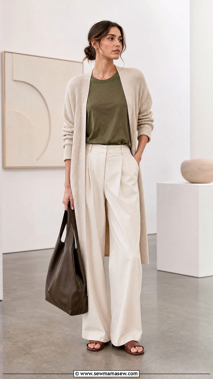 Olive green t shirt with wide leg trousers and a long cardigan - 25 spring layered t shirts outfit ideas