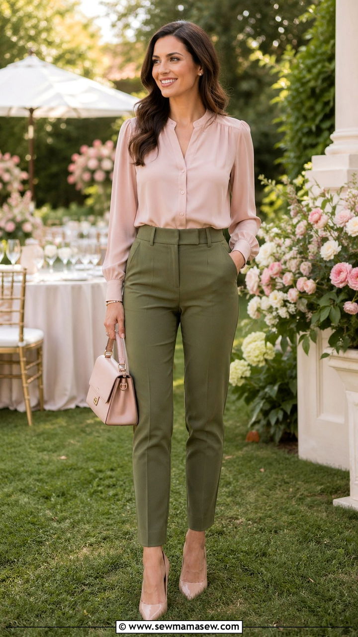 Olive green tailored trousers with blush pink blouse and pointed pumps - 40 All olive green outfit ideas