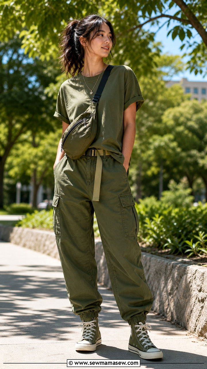 Olive green tee and olive cargo pants outfit - 40 Monochromatic outfit ideas
