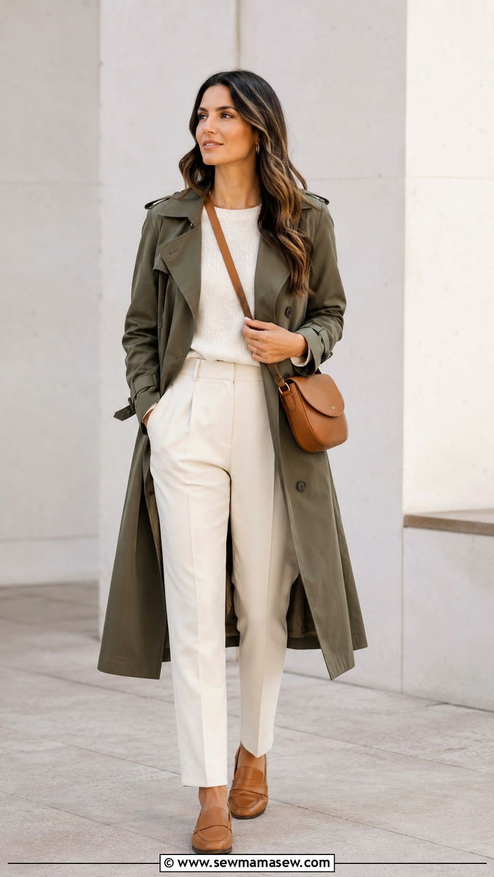 Olive green trench coat over cream base layers - 30 quiet luxury capsule wardrobe outfits