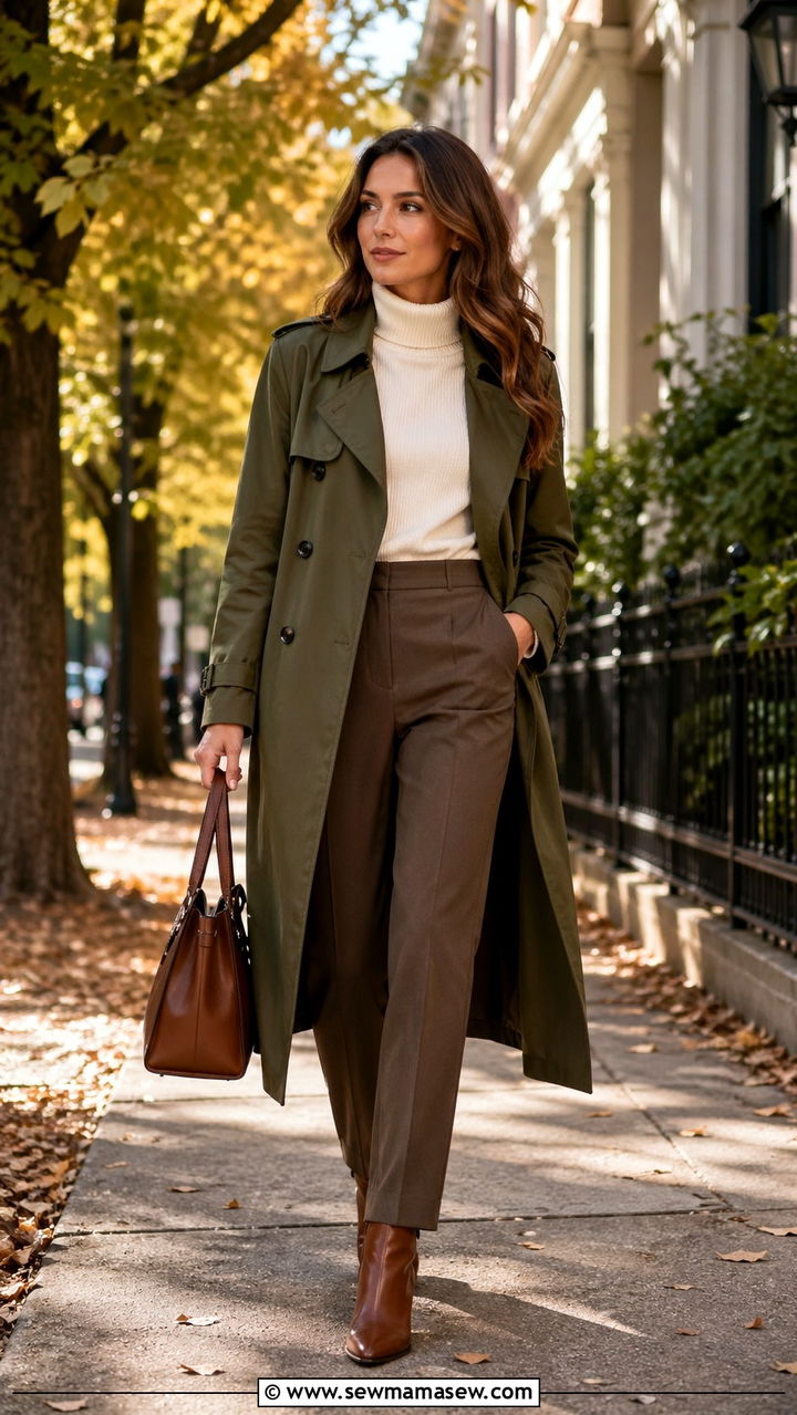 Olive green trench coat over cream turtleneck and brown trousers - 40 All olive green outfit ideas