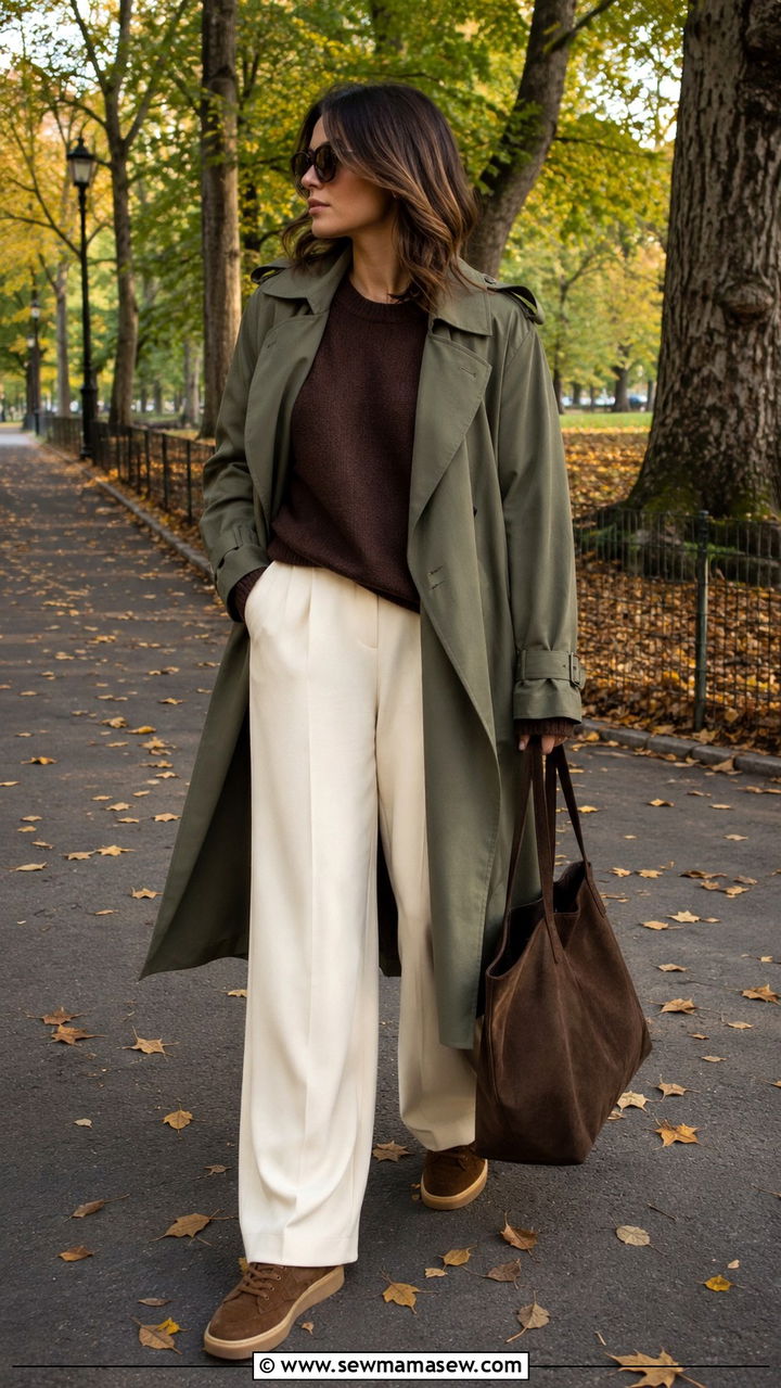Olive green trench coat with chocolate brown knit outfit - 25 Quiet luxury on a budget outfit ideas