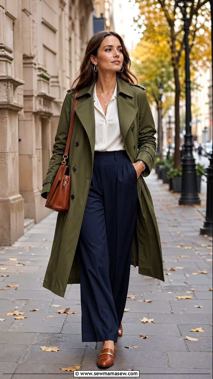 Olive green trench coat with navy wide leg trousers - 35 elegant outfits for women