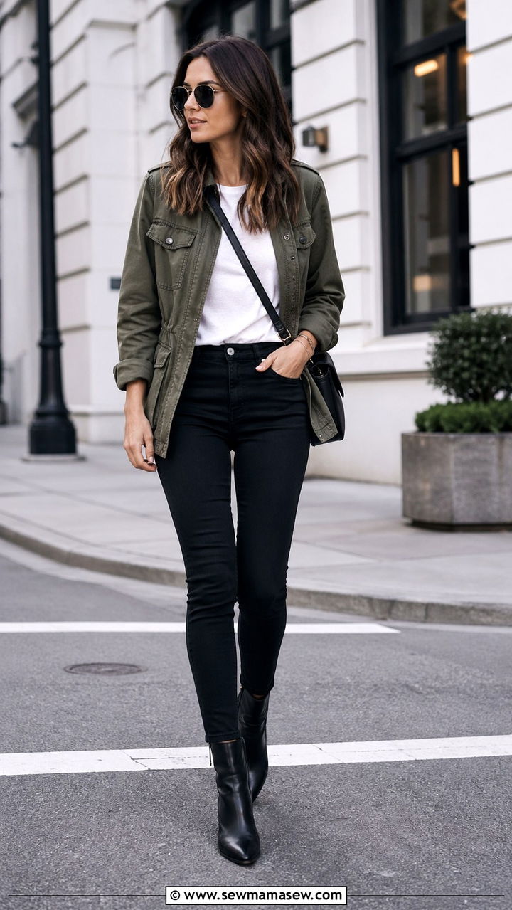 Olive green utility jacket over white tee and black jeans - 40 All olive green outfit ideas