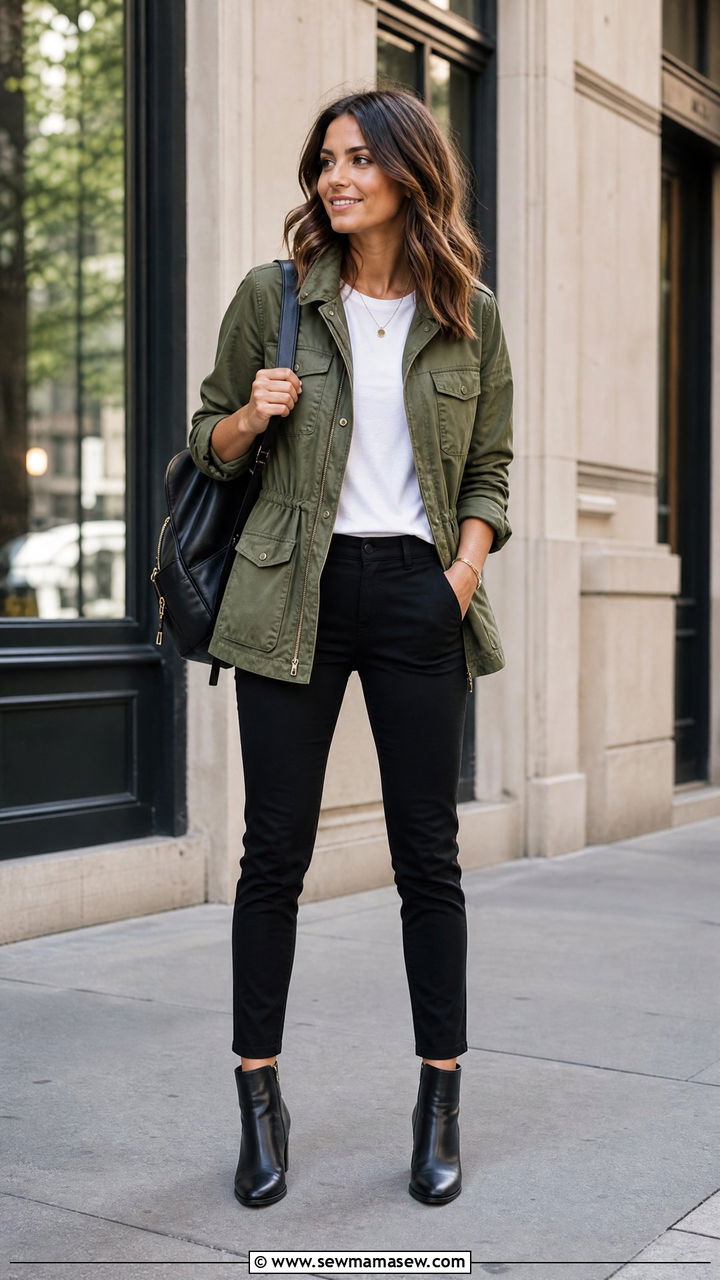 Olive green utility jacket with black pants - 30 Muted color outfit ideas