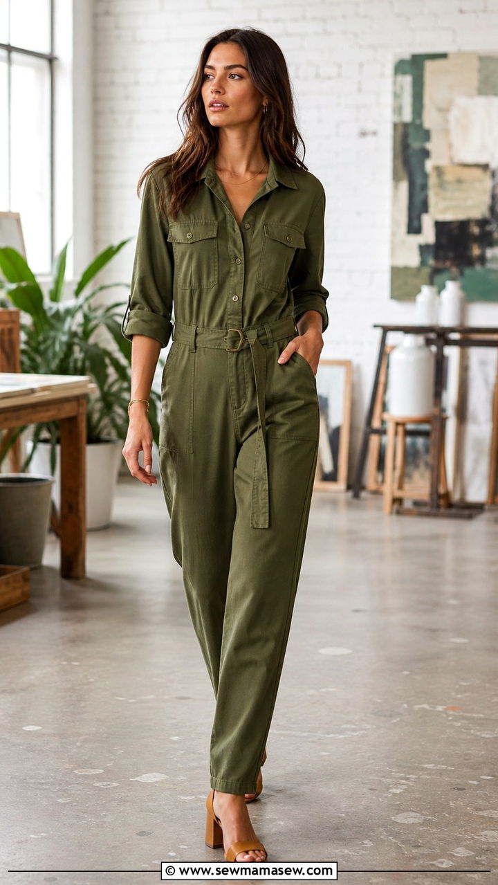 Olive green utility jumpsuit with block heel sandals outfit - 40 New job outfit ideas