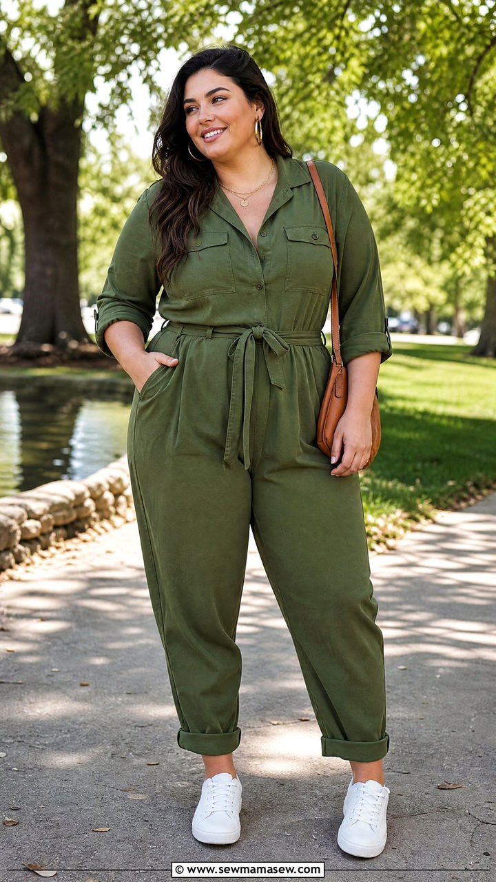 Olive green utility jumpsuit with white sneakers - 30 Clean girl outfit ideas plus size