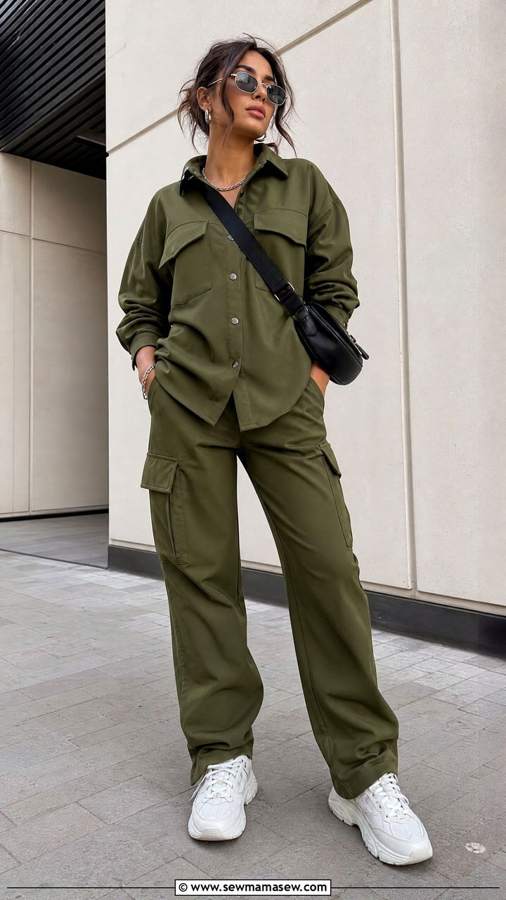 Olive green utility shirt and matching cargo pant set - 25 Matching set outfit ideas bold color