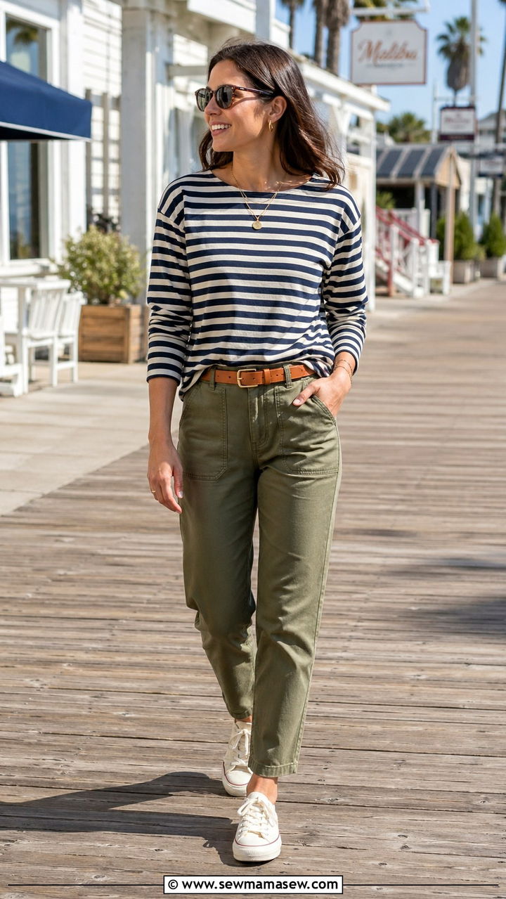 Olive green utility trousers with striped tee and canvas sneakers - 40 All olive green outfit ideas