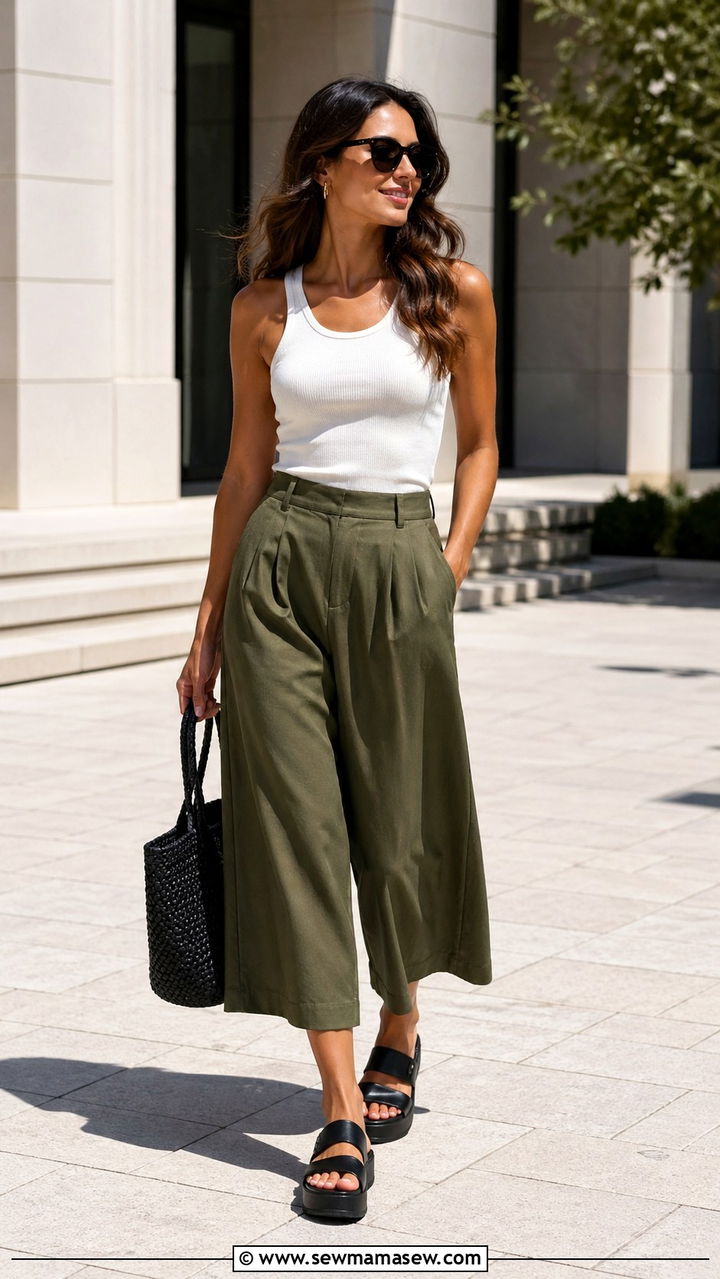 Olive green wide leg culottes with white ribbed tank and platform sandals - 40 All olive green outfit ideas