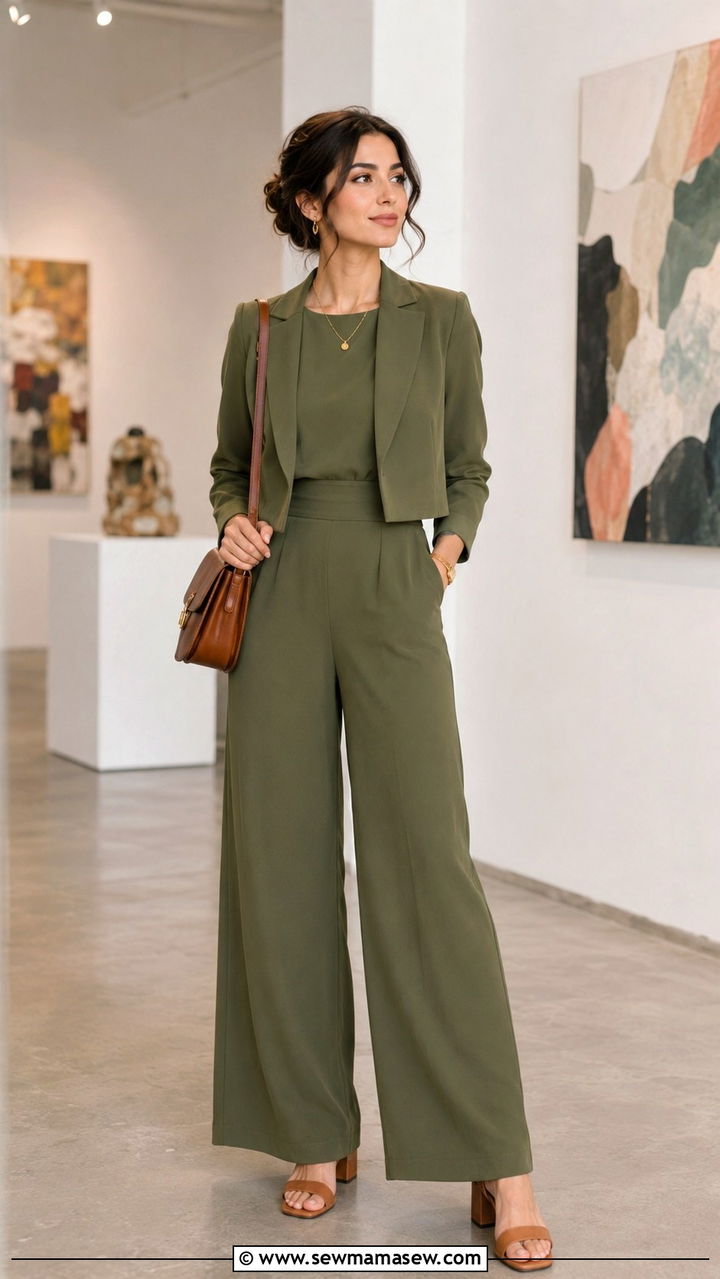 Olive green wide leg jumpsuit with structured topper - 30 modest job interview outfit ideas