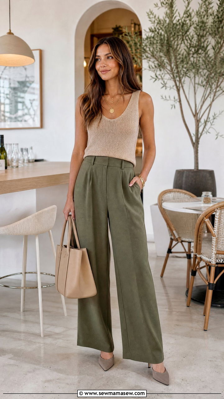 Olive green wide leg pants summer outfit - 30 summer olive green outfit ideas