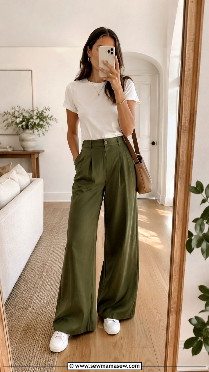 Olive green wide leg pants with white t shirt - 30 spring olive green outfit ideas