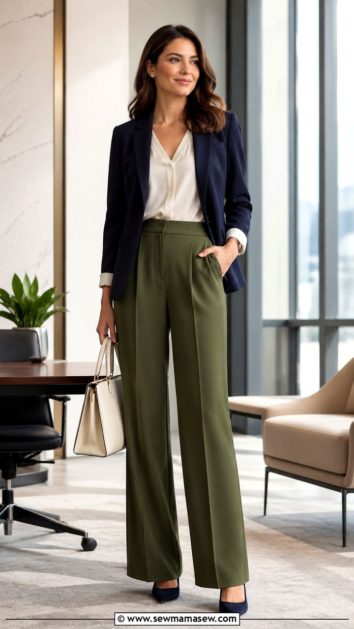 Olive green wide leg trousers with navy blazer and cream blouse - 40 All olive green outfit ideas