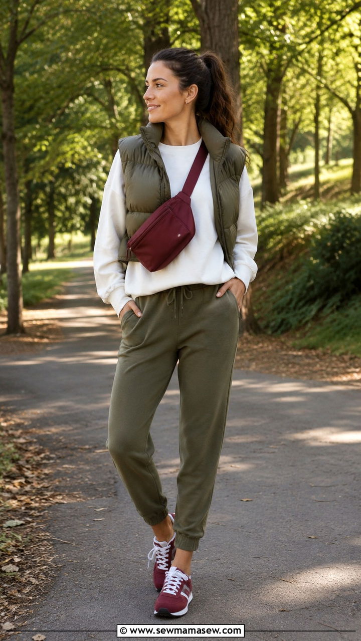 Olive joggers with burgundy sneakers outfit - 25 Olive and burgundy outfit ideas